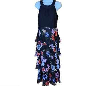 Colorful flowered, layered dress w/ black halter top. SLNY fashion, casual, sz 6